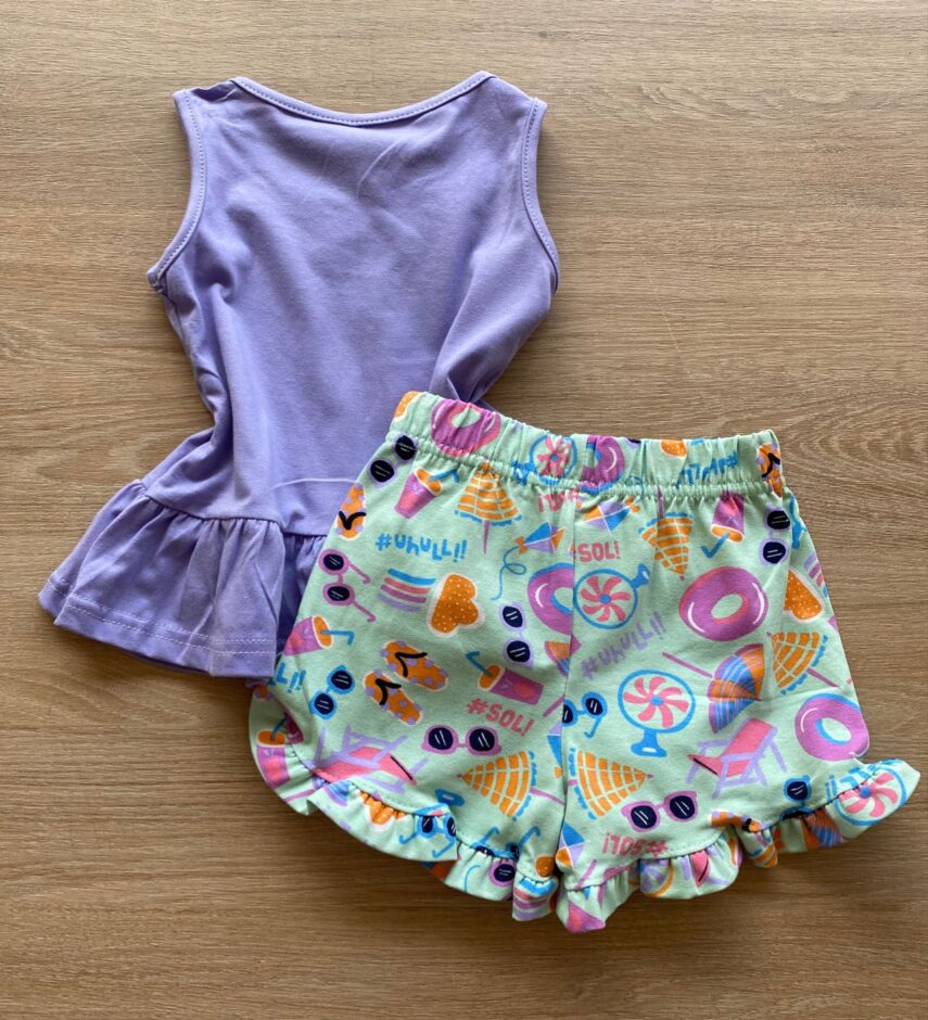 fernandaramoskids com br Conjunto Infantil Feminino Regata Lilás e Short Verde Estampado3