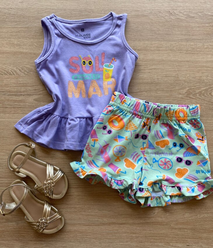 Conjunto Infantil Feminino Regata Lilás e Short Verde Estampado Fernanda Ramos Kids