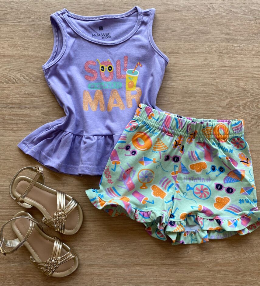 Conjunto Infantil Feminino Regata Lilás e Short Verde Estampado Fernanda Ramos Kids