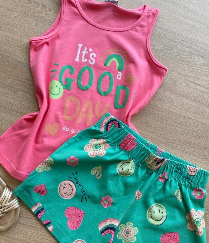 fernandaramoskids com br Conjunto Infantil Feminino Regata Rosa e Short Estampado Verde1
