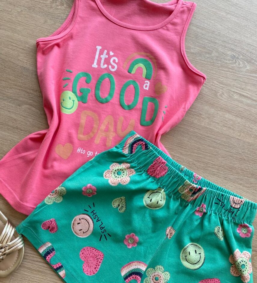 fernandaramoskids com br Conjunto Infantil Feminino Regata Rosa e Short Estampado Verde1