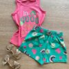 Conjunto Infantil Feminino Regata Rosa e Short Estampado Verde Fernanda Ramos Kids