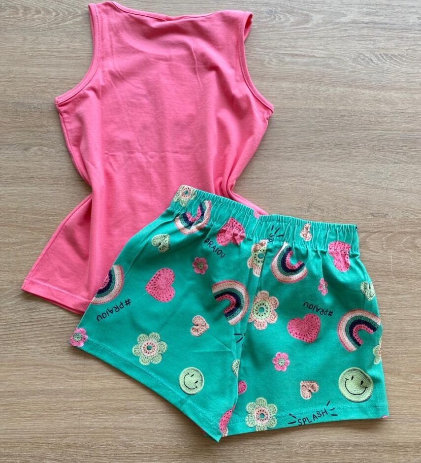 fernandaramoskids com br Conjunto Infantil Feminino Regata Rosa e Short Estampado Verde2