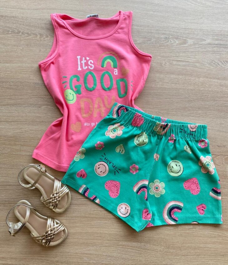 Conjunto Infantil Feminino Regata Rosa e Short Estampado Verde Fernanda Ramos Kids