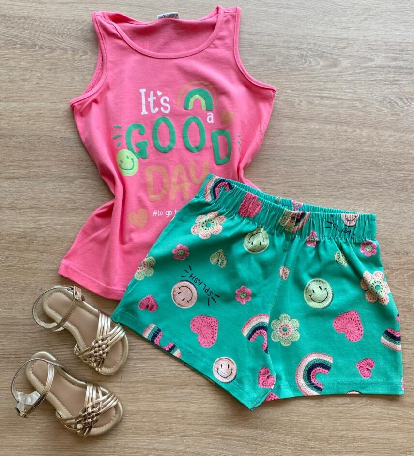 Conjunto Infantil Feminino Regata Rosa e Short Estampado Verde Fernanda Ramos Kids