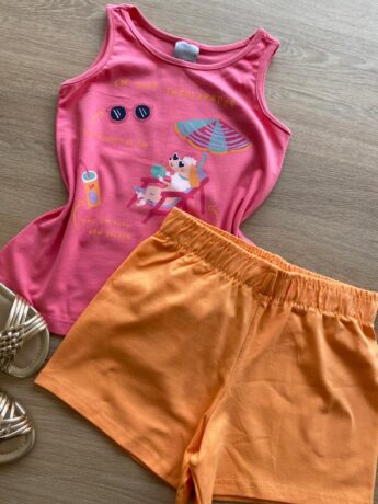 fernandaramoskids com br Conjunto Infantil Feminino Regata Rosa Estampada e Short Laranja1