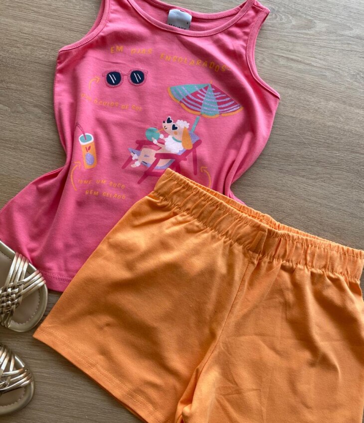 fernandaramoskids com br Conjunto Infantil Feminino Regata Rosa Estampada e Short Laranja1