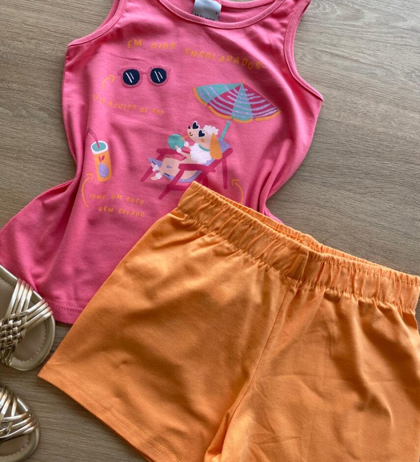 fernandaramoskids com br Conjunto Infantil Feminino Regata Rosa Estampada e Short Laranja1