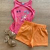 Conjunto Infantil Feminino Regata Rosa Estampada e Short Laranja Fernanda Ramos KIds
