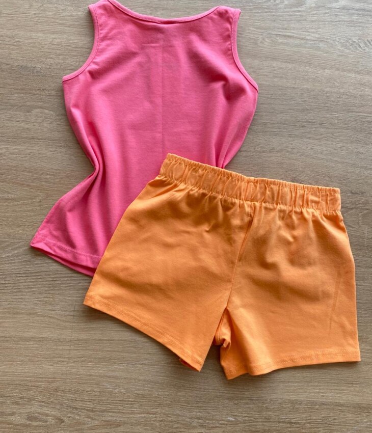 fernandaramoskids com br Conjunto Infantil Feminino Regata Rosa Estampada e Short Laranja2