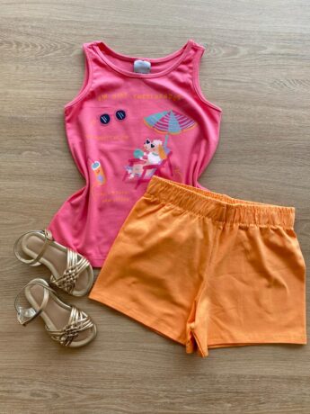 Conjunto Infantil Feminino Regata Rosa Estampada e Short Laranja Fernanda Ramos KIds