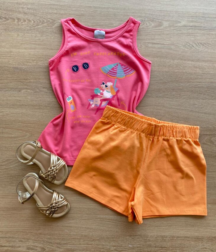 Conjunto Infantil Feminino Regata Rosa Estampada e Short Laranja Fernanda Ramos KIds