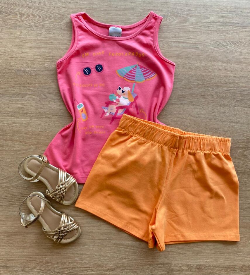 Conjunto Infantil Feminino Regata Rosa Estampada e Short Laranja Fernanda Ramos KIds