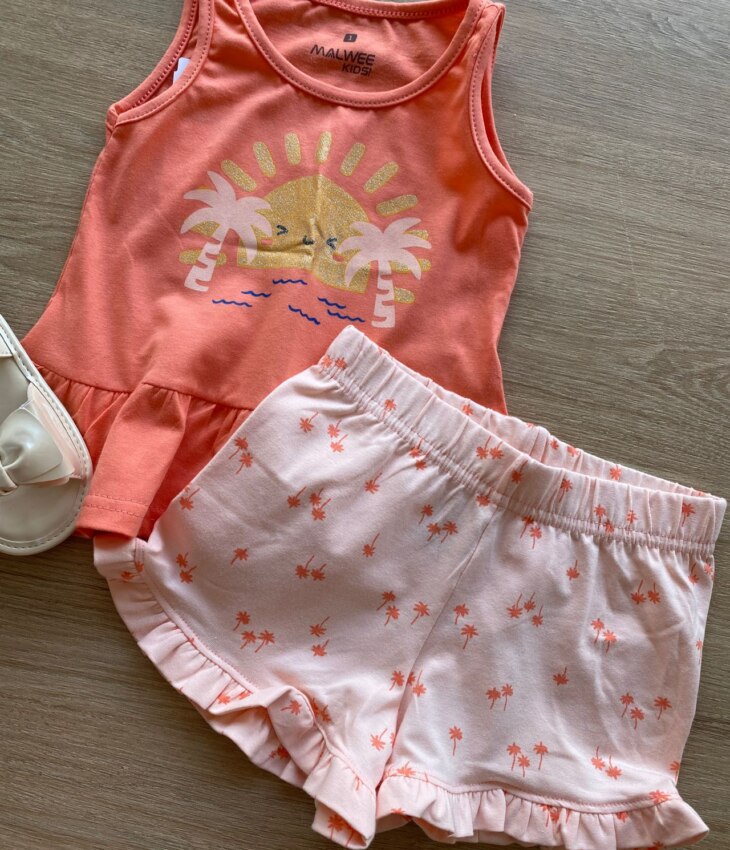 fernandaramoskids com br Conjunto Infantil Feminino Regata Salmão e Short Estampado1