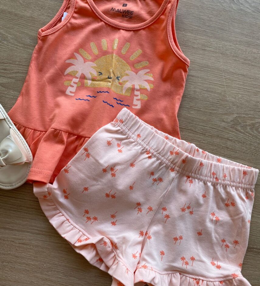 fernandaramoskids com br Conjunto Infantil Feminino Regata Salmão e Short Estampado1