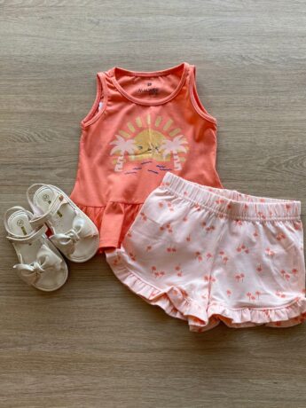 Conjunto Infantil Feminino Regata Salmão e Short Estampado Fernanda Ramos Kids