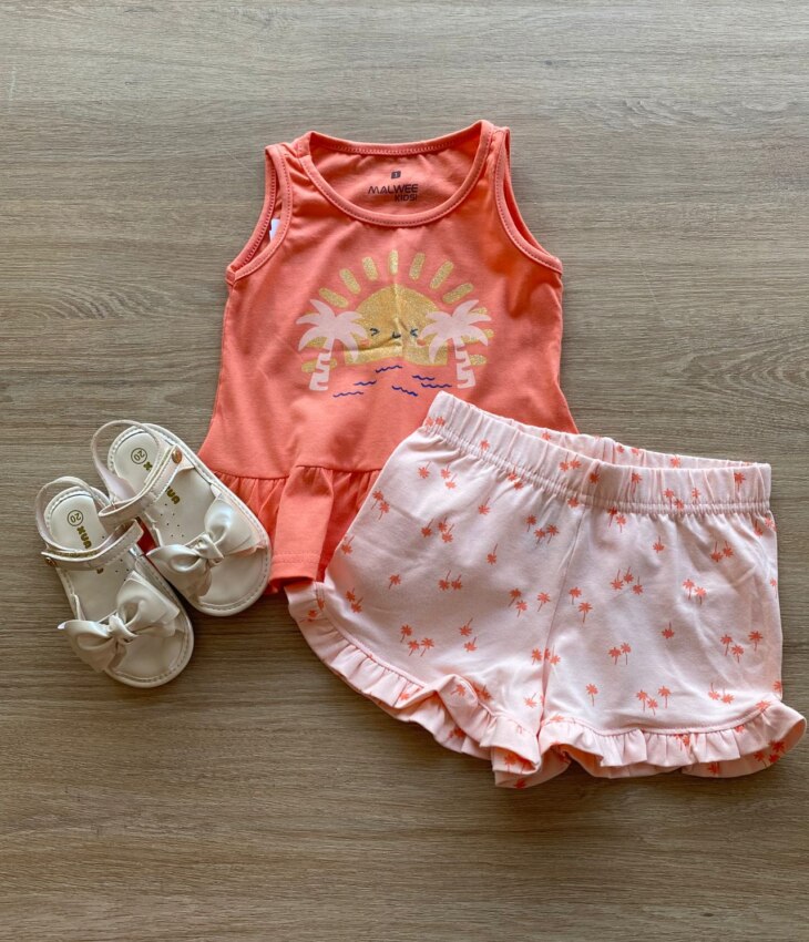 Conjunto Infantil Feminino Regata Salmão e Short Estampado Fernanda Ramos Kids