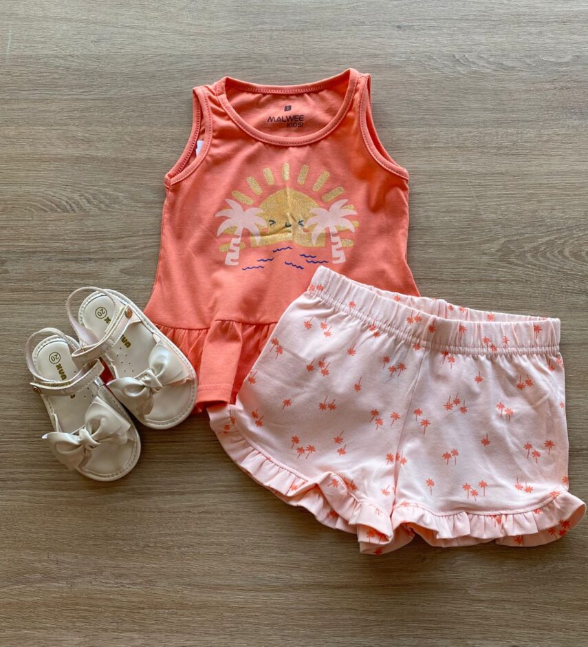 Conjunto Infantil Feminino Regata Salmão e Short Estampado Fernanda Ramos Kids