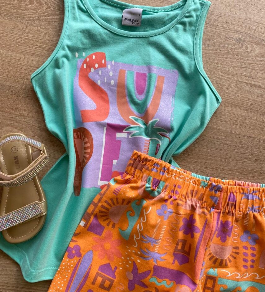 fernandaramoskids com br Conjunto Infantil Feminino Regata Verde Água e Short Estampado1
