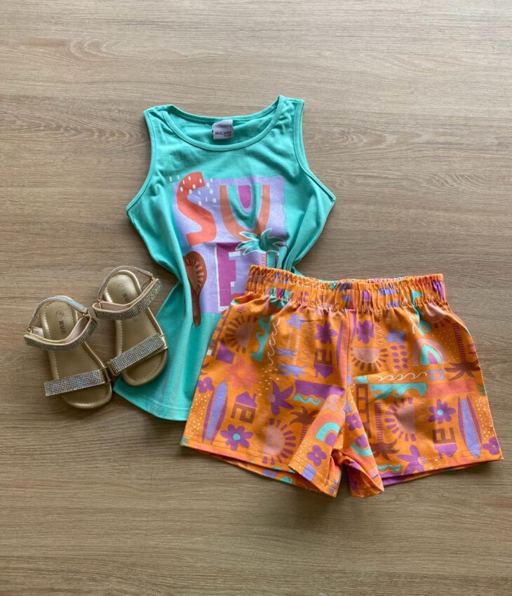 Conjunto Infantil Feminino Regata Verde Água e Short Estampado Fernanda Ramos Kids