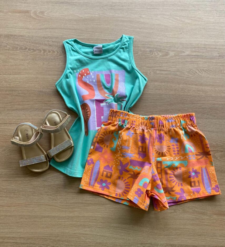 Conjunto Infantil Feminino Regata Verde Água e Short Estampado Fernanda Ramos Kids