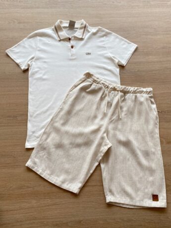 Conjunto Infantil Masculino Camisa Polo Off White e Bermuda Cru Fernanda Ramos Kids