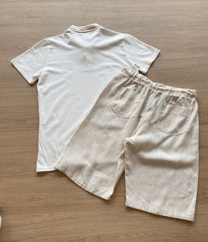 fernandaramoskids com br Conjunto Infantil Masculino Camisa Polo Off White e Bermuda Cru4