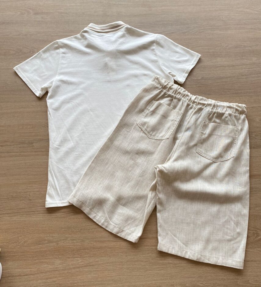 fernandaramoskids com br Conjunto Infantil Masculino Camisa Polo Off White e Bermuda Cru4