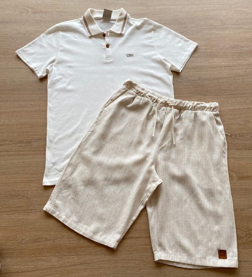 Conjunto Infantil Masculino Camisa Polo Off White e Bermuda Cru Fernanda Ramos Kids