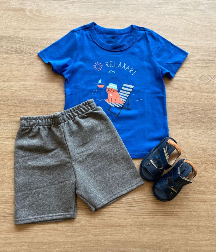 fernandaramoskids com br Conjunto Infantil Masculino Camiseta Azul e Bermuda Cinza Mesclado1