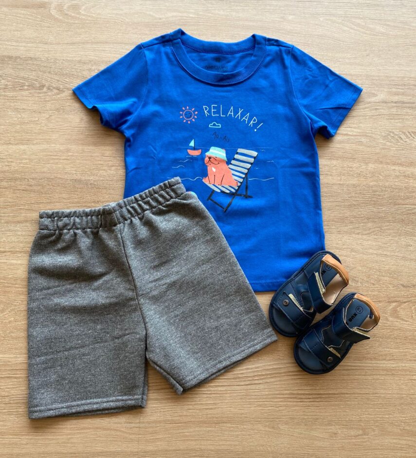 fernandaramoskids com br Conjunto Infantil Masculino Camiseta Azul e Bermuda Cinza Mesclado1