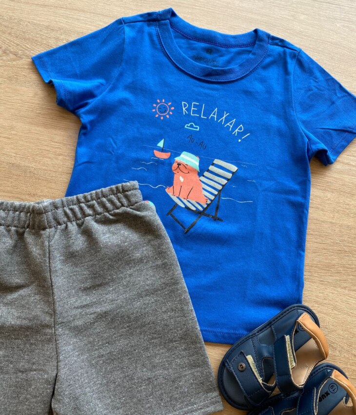 fernandaramoskids com br Conjunto Infantil Masculino Camiseta Azul e Bermuda Cinza Mesclado2