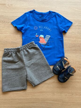 Conjunto Infantil Masculino Camiseta Azul e Bermuda Cinza Mesclado Fernanda Ramos Kids