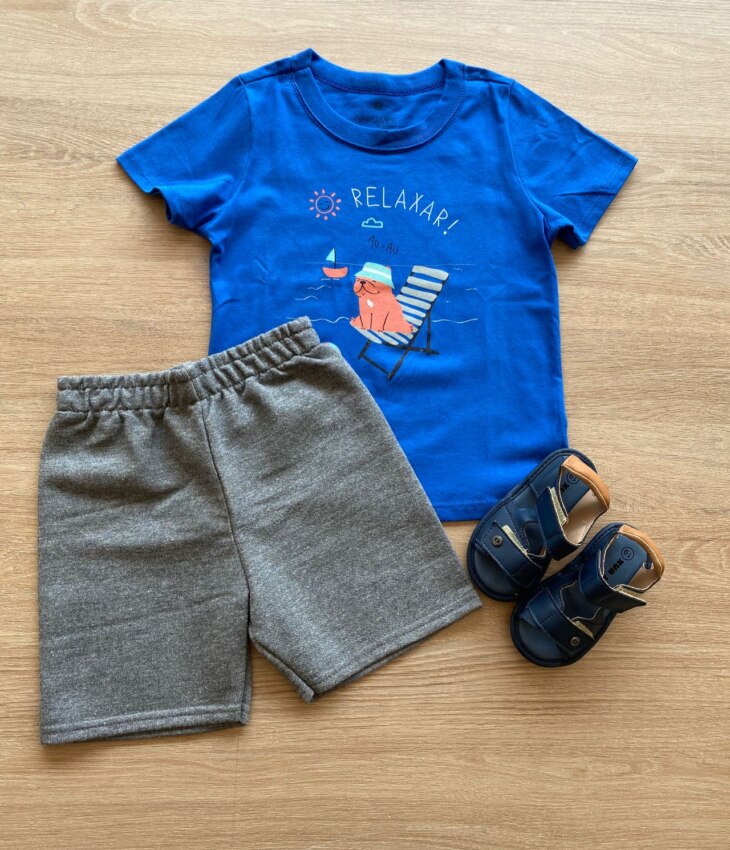 Conjunto Infantil Masculino Camiseta Azul e Bermuda Cinza Mesclado Fernanda Ramos Kids