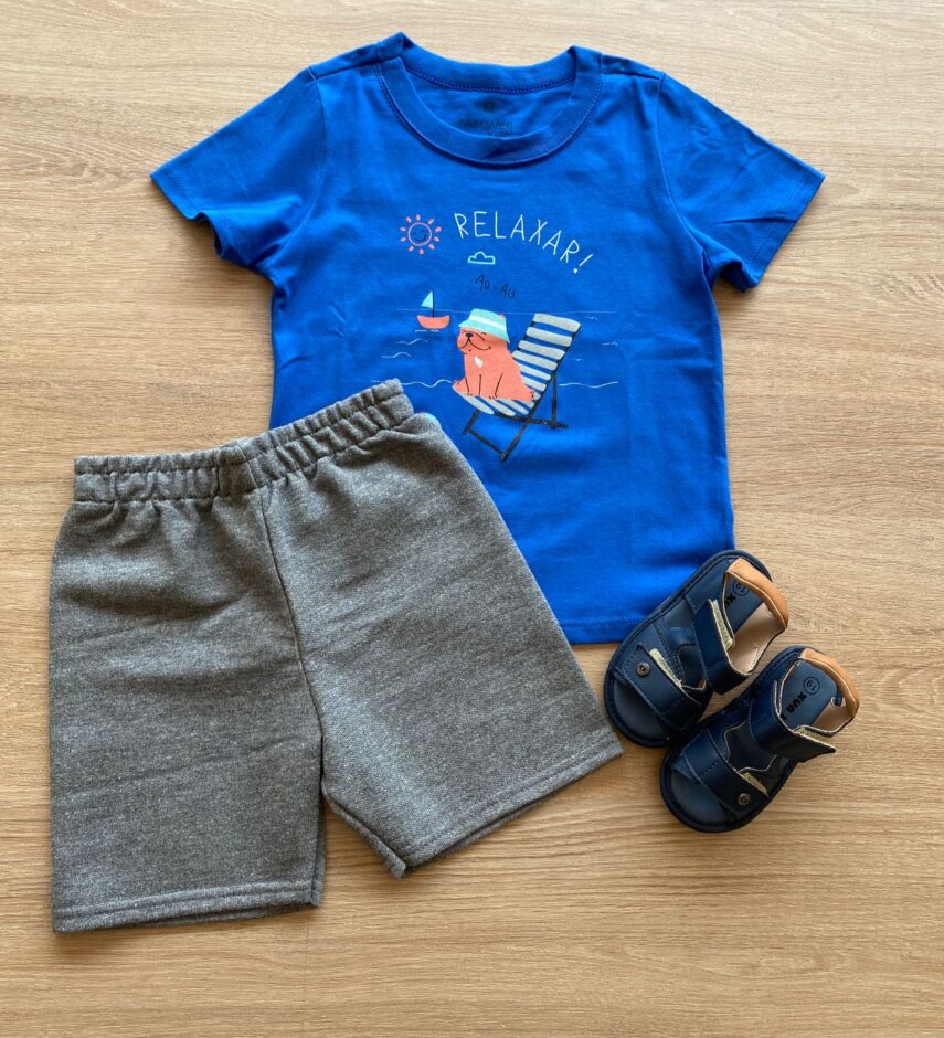 Conjunto Infantil Masculino Camiseta Azul e Bermuda Cinza Mesclado Fernanda Ramos Kids