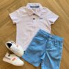 Conjunto Infantil Masculino Camiseta Polo Branca e Bermuda Azul Fernanda Ramos Kids