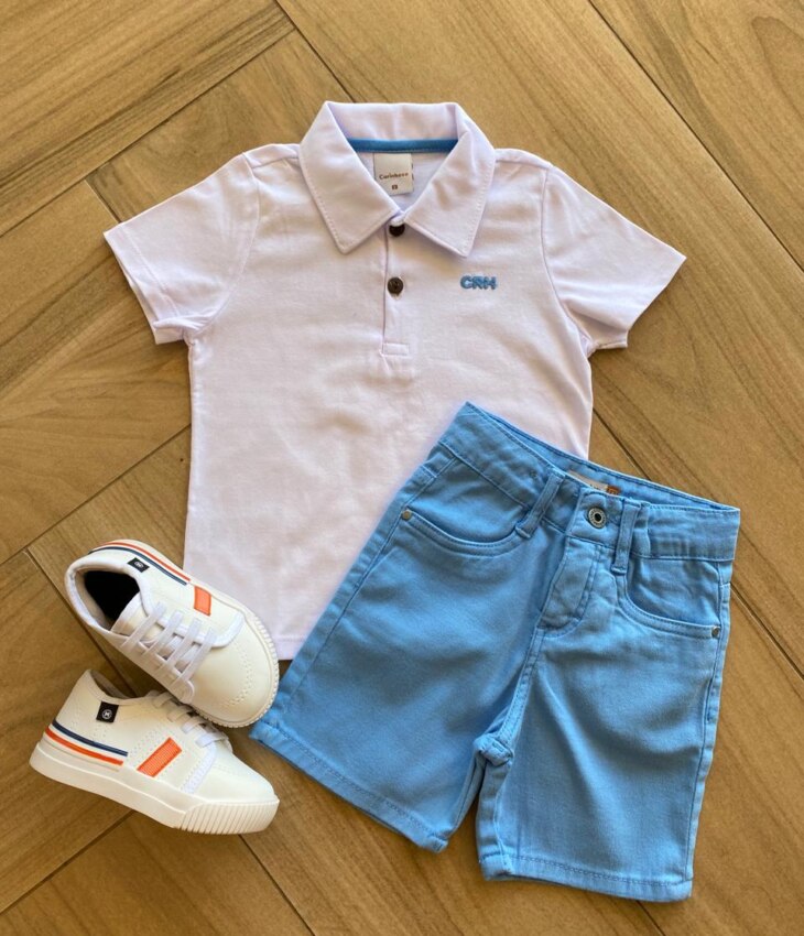 Conjunto Infantil Masculino Camiseta Polo Branca e Bermuda Azul Fernanda Ramos Kids