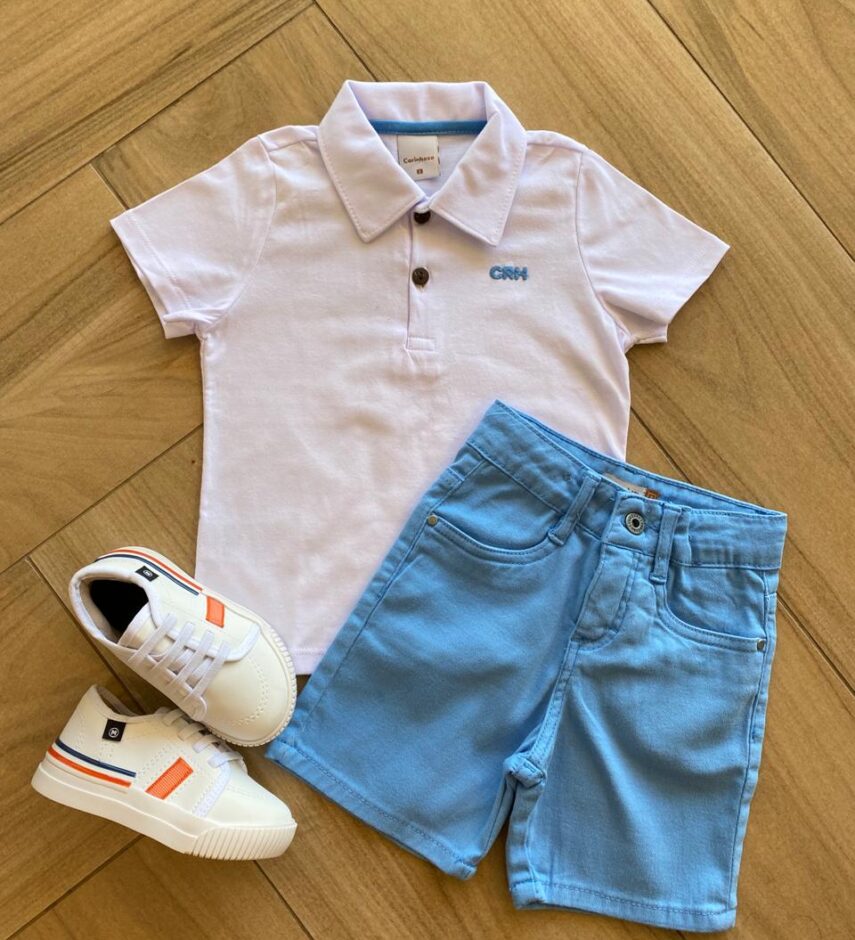 Conjunto Infantil Masculino Camiseta Polo Branca e Bermuda Azul Fernanda Ramos Kids