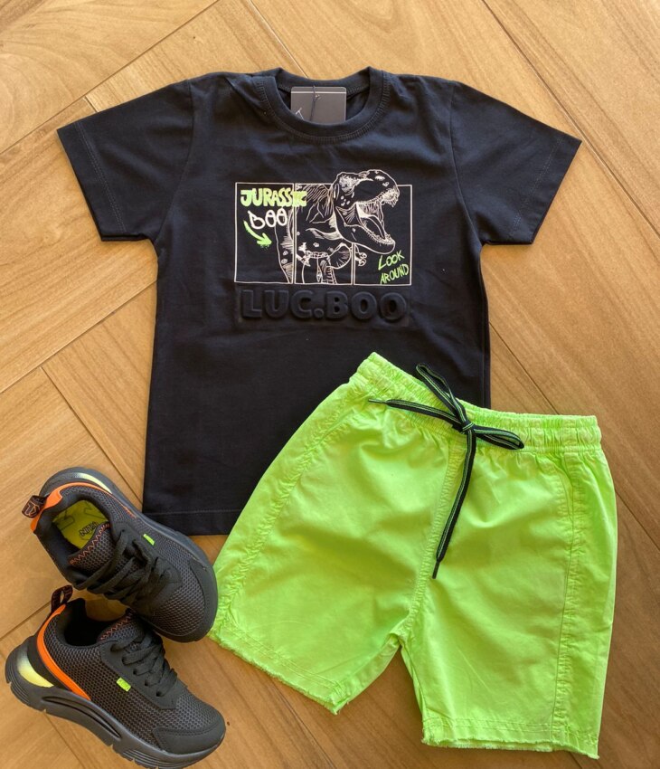 fernandaramoskids com br Conjunto Infantil Masculino Camiseta Preta e Bermuda Verde Neon1