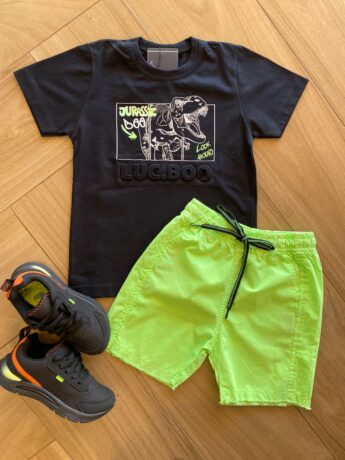 Conjunto Infantil Masculino Camiseta Preta e Bermuda Verde Neon Fernanda Ramos Kids