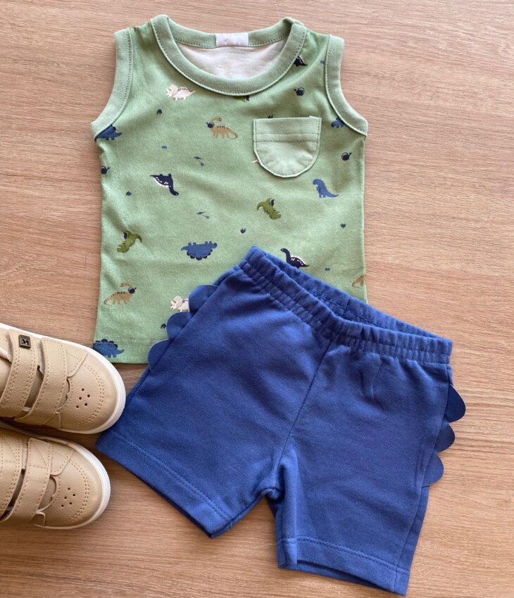 Conjunto Infantil Masculino Regata Dinossauros e Bermuda Azul Fernanda Ramos Kids