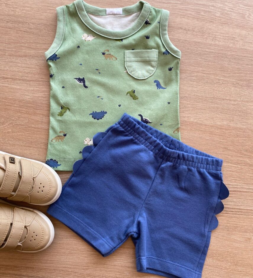 Conjunto Infantil Masculino Regata Dinossauros e Bermuda Azul Fernanda Ramos Kids