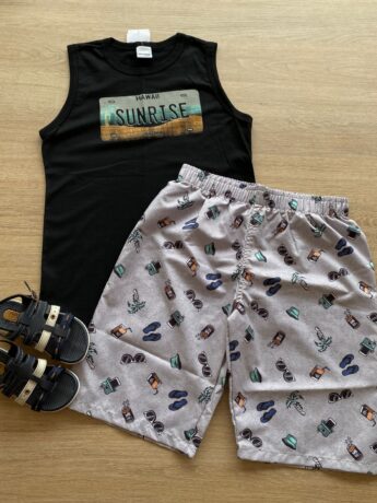 Conjunto Infantil Masculino Regata Hawaii e Bermuda Estampada Fernanda Ramos Kids