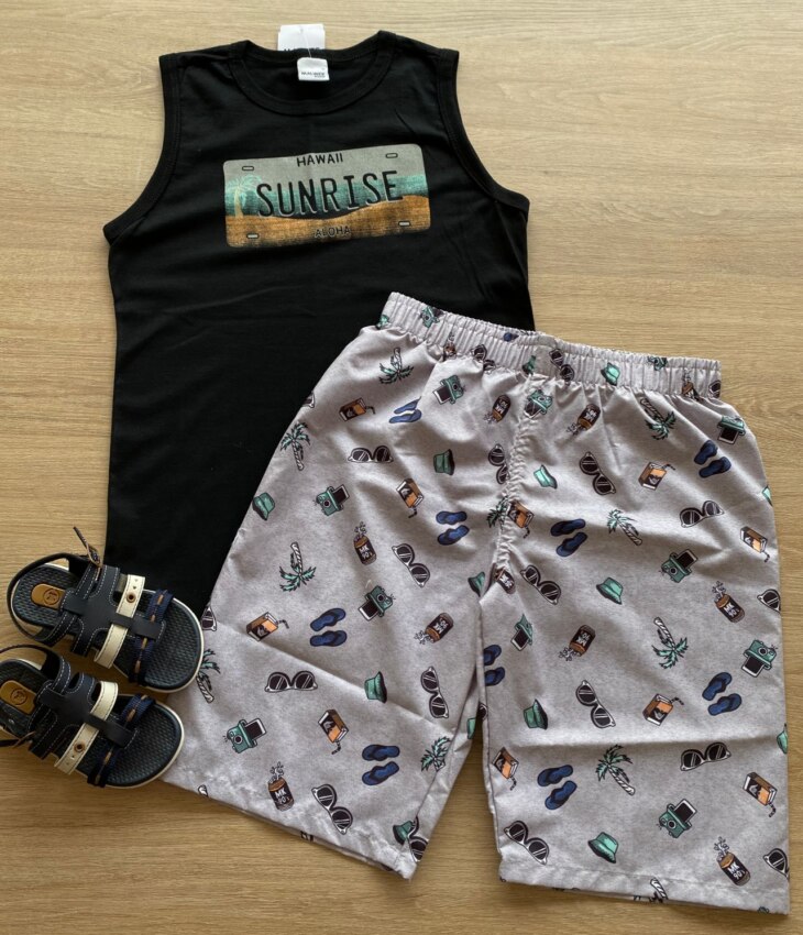 Conjunto Infantil Masculino Regata Hawaii e Bermuda Estampada Fernanda Ramos Kids