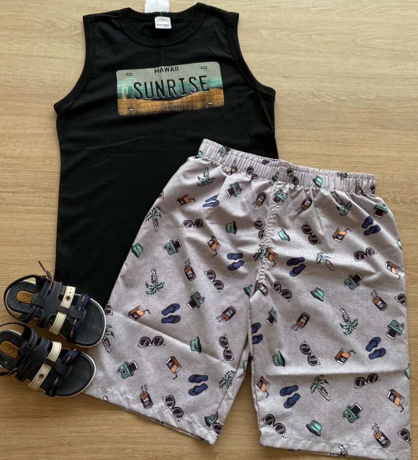 Conjunto Infantil Masculino Regata Hawaii e Bermuda Estampada Fernanda Ramos Kids