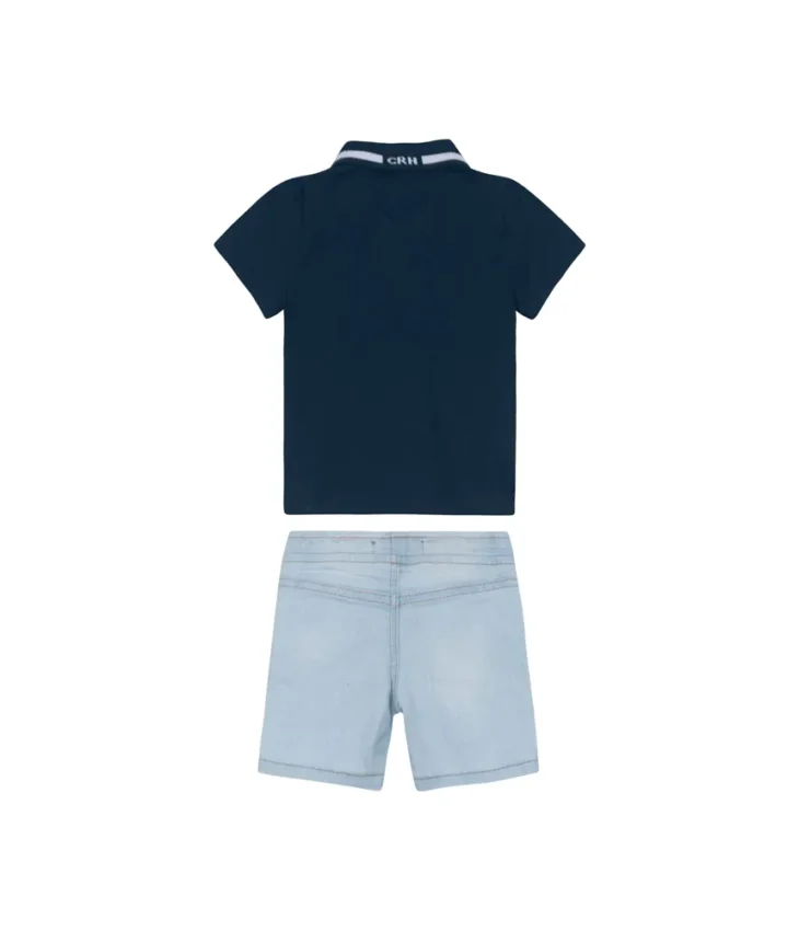 Conjunto Masculino Infantil Camisa Polo Azul Marinho e Bermuda Jeans Fernanda Ramos Kids