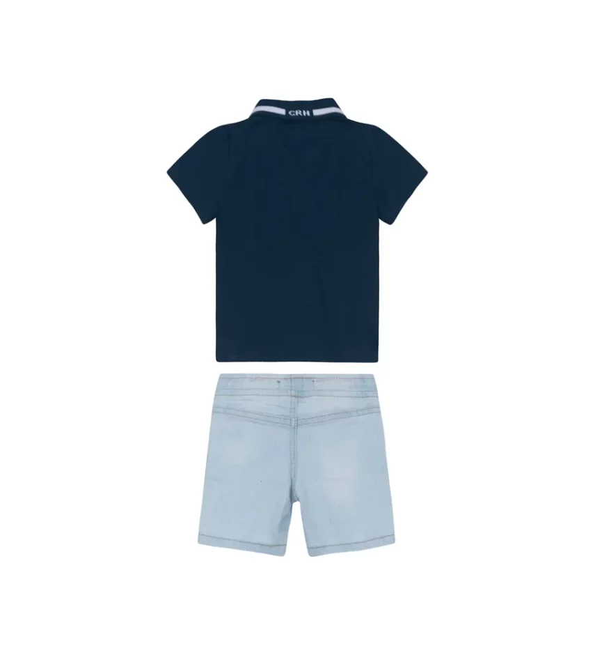 Conjunto Masculino Infantil Camisa Polo Azul Marinho e Bermuda Jeans Fernanda Ramos Kids