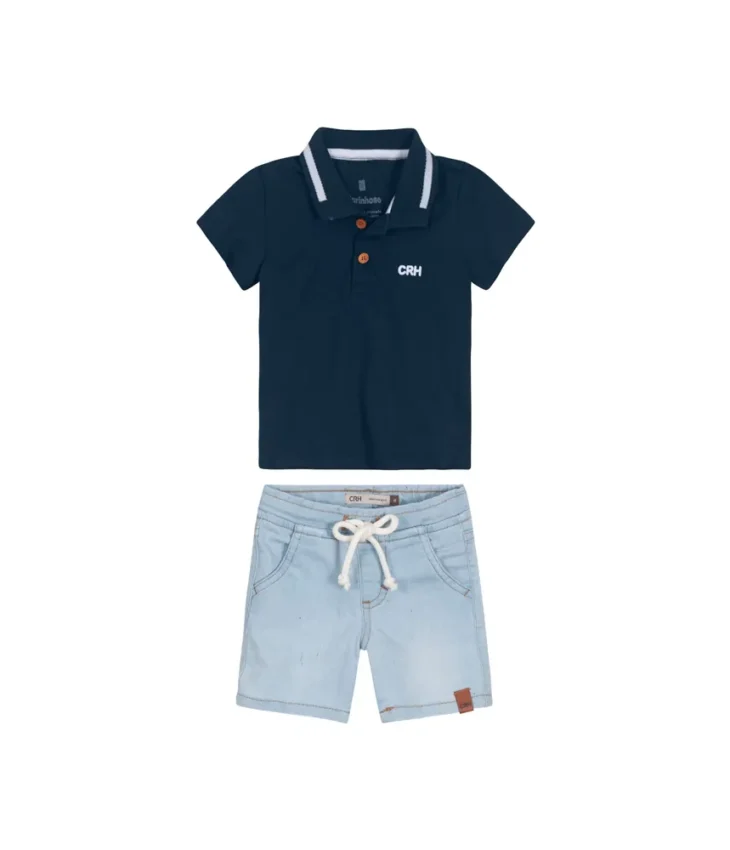 Conjunto Masculino Infantil Camisa Polo Azul Marinho e Bermuda Jeans Fernanda Ramos Kids
