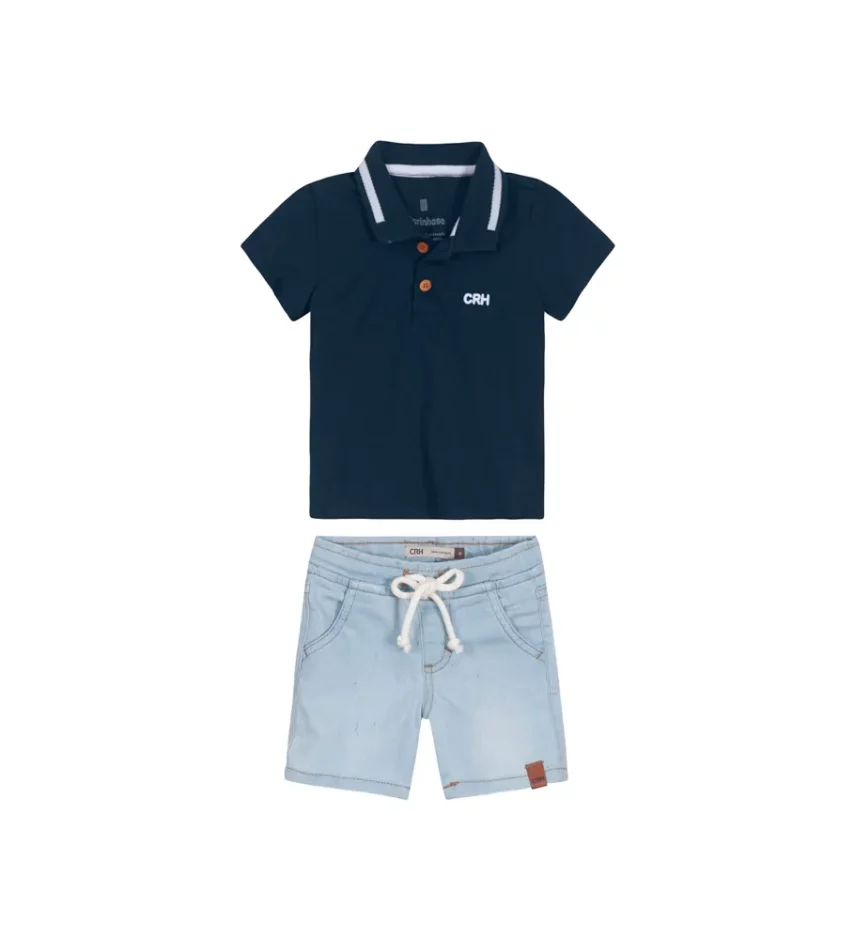 Conjunto Masculino Infantil Camisa Polo Azul Marinho e Bermuda Jeans Fernanda Ramos Kids