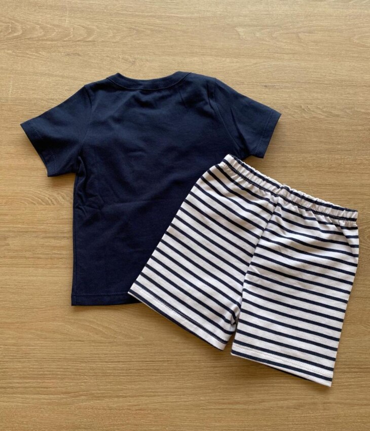 fernandaramoskids com br Conjunto Masculino Infantil Camiseta Azul e Bermuda Listrada3